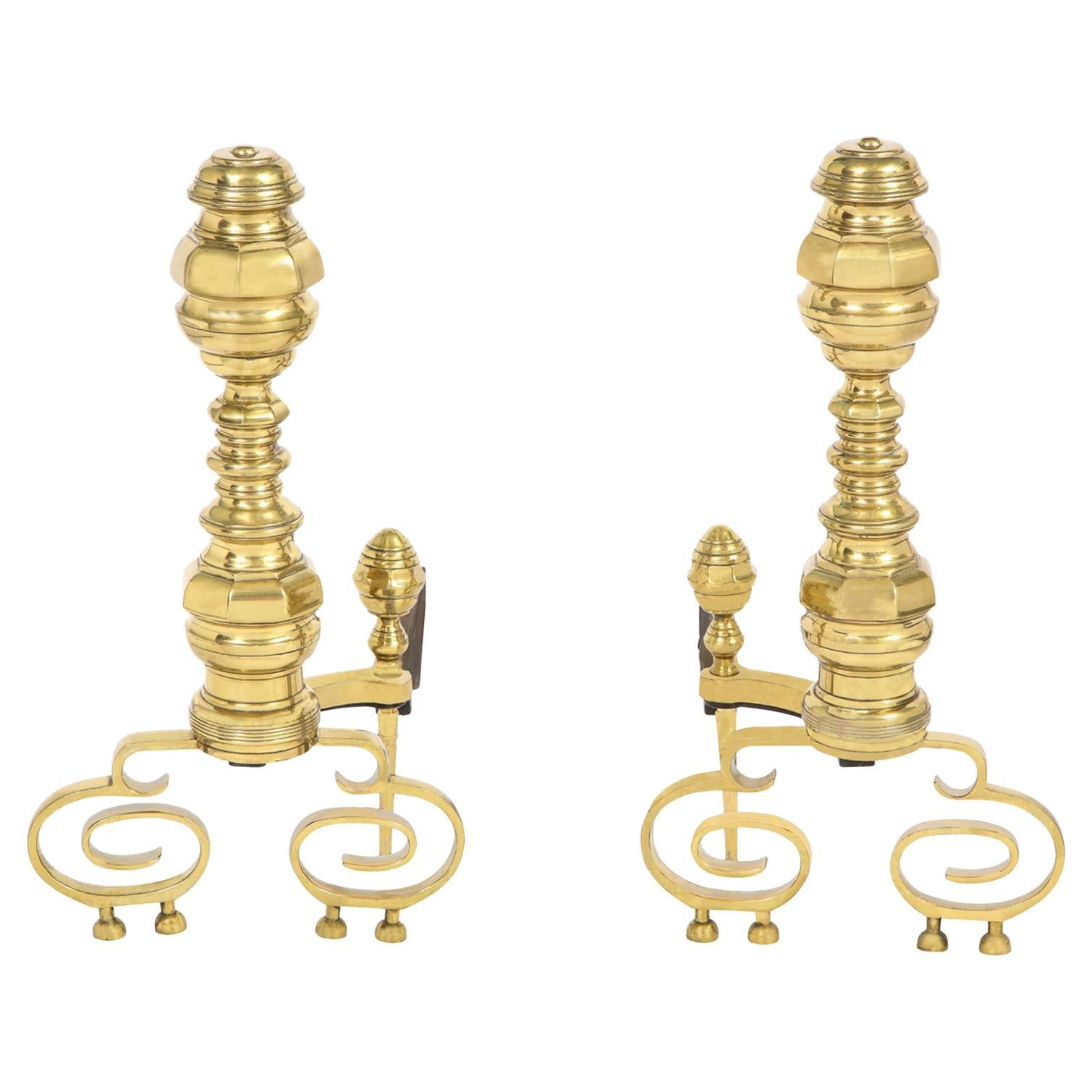 Pair of Artisan Andirons in Polished Brass and Wrought-Iron, 1970s