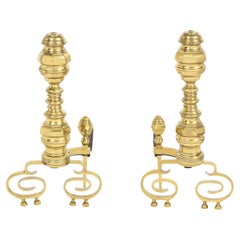 Retro Pair of Artisan Andirons in Polished Brass and Wrought-Iron 1970s