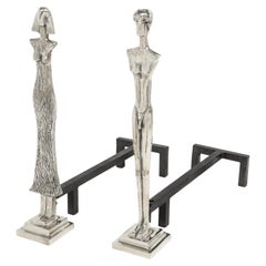 Pair of Artisan Andirons in the Style of Giacometti, 1970s