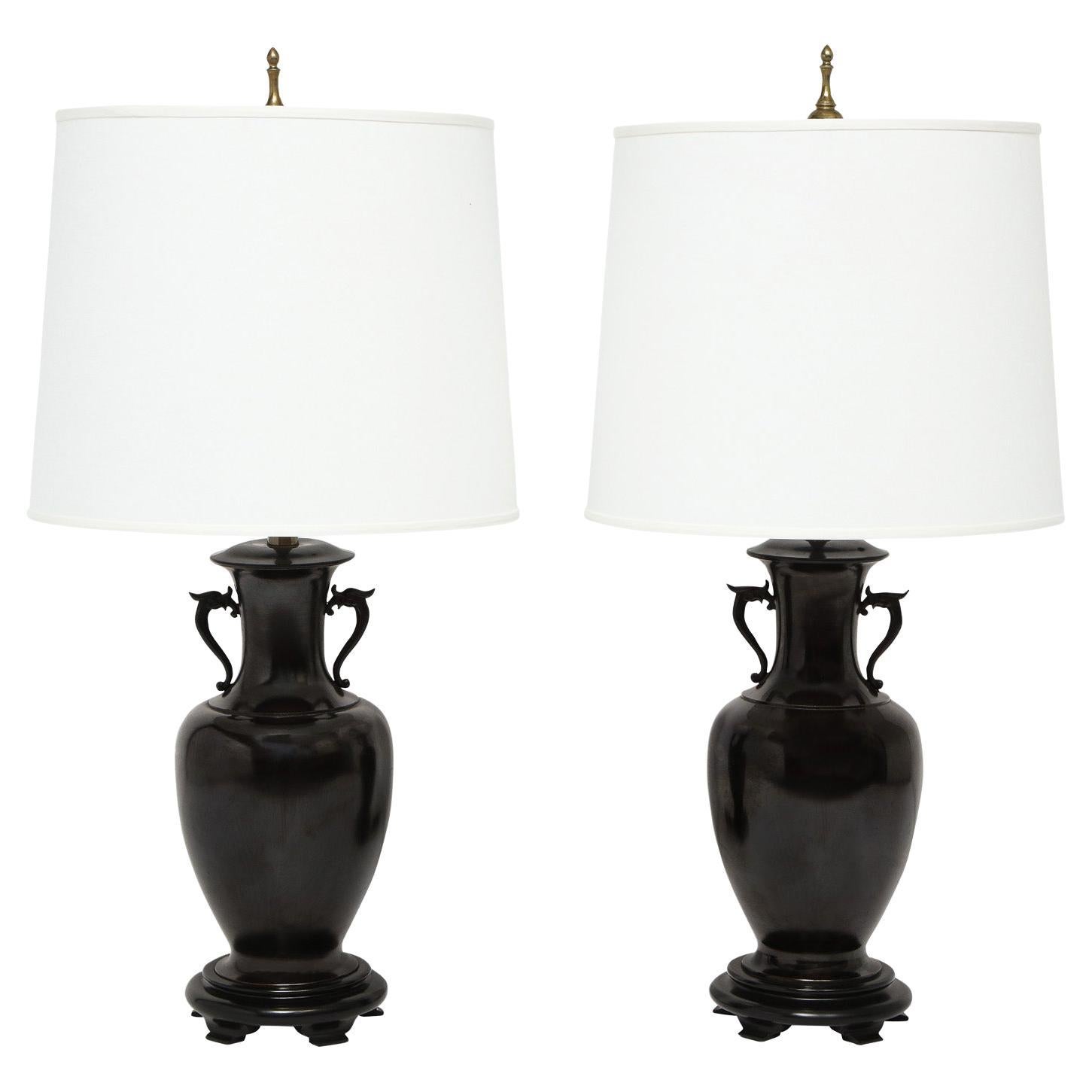 Pair of Artisan Asian-Style Table Lamps in Gunmetal Bronze 1960s For Sale