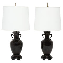 Vintage Pair of Artisan Asian-Style Table Lamps in Gunmetal Bronze 1960s