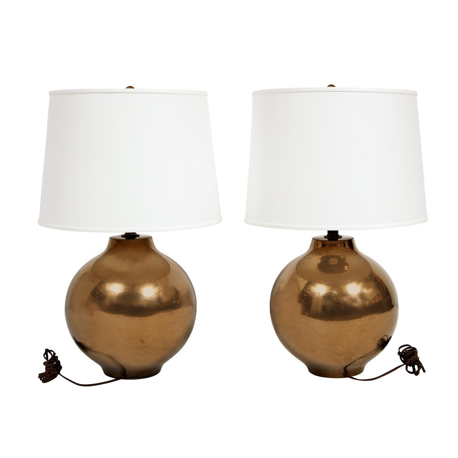 Modern Pair of Artisan Ceramic Table Lamps with Craquele Bronze Glaze 1970s