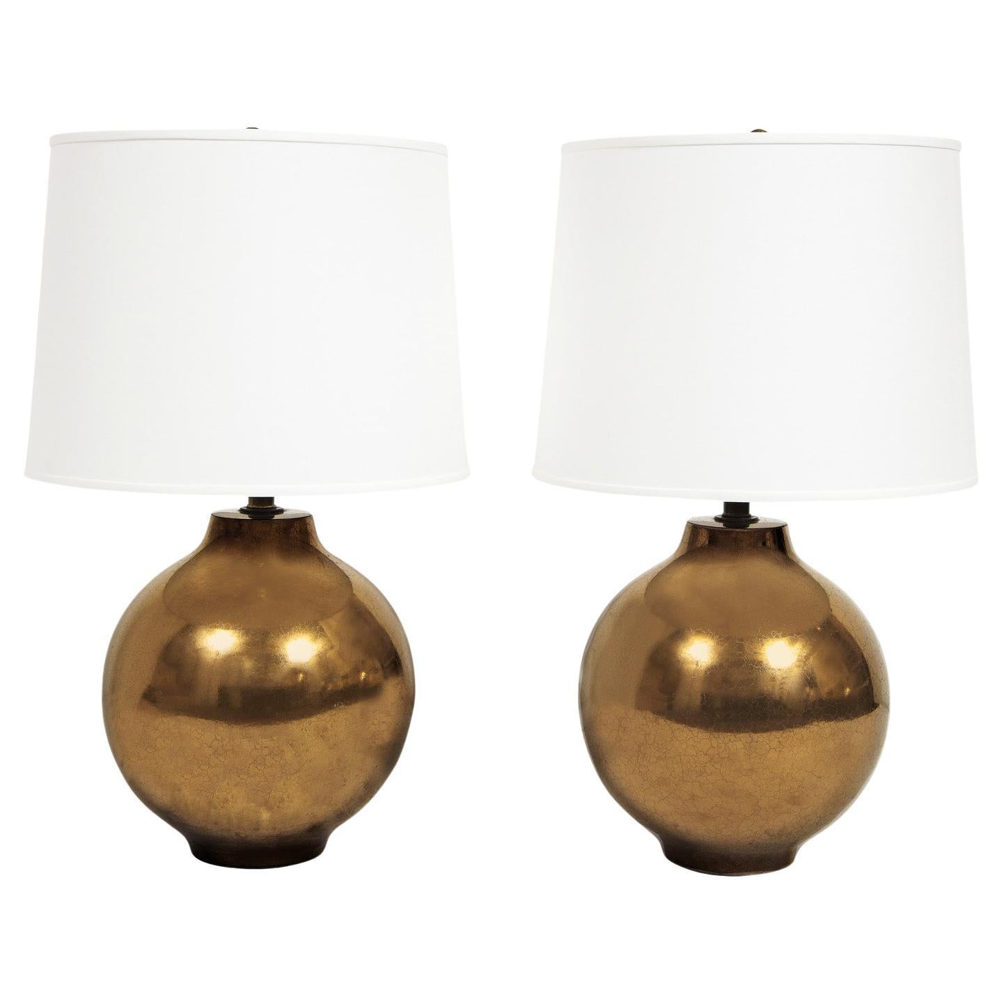 Pair of Artisan Ceramic Table Lamps with Craquele Bronze Glaze 1970s