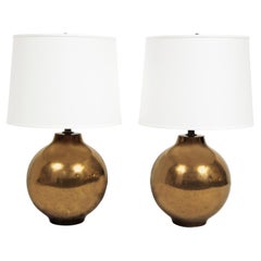 Pair of Artisan Ceramic Table Lamps with Craquele Bronze Glaze 1970s
