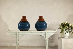 Pair of Artisan Ceramic Vases in Midnight Blue, Pre-Drilled for Lamp Conversion