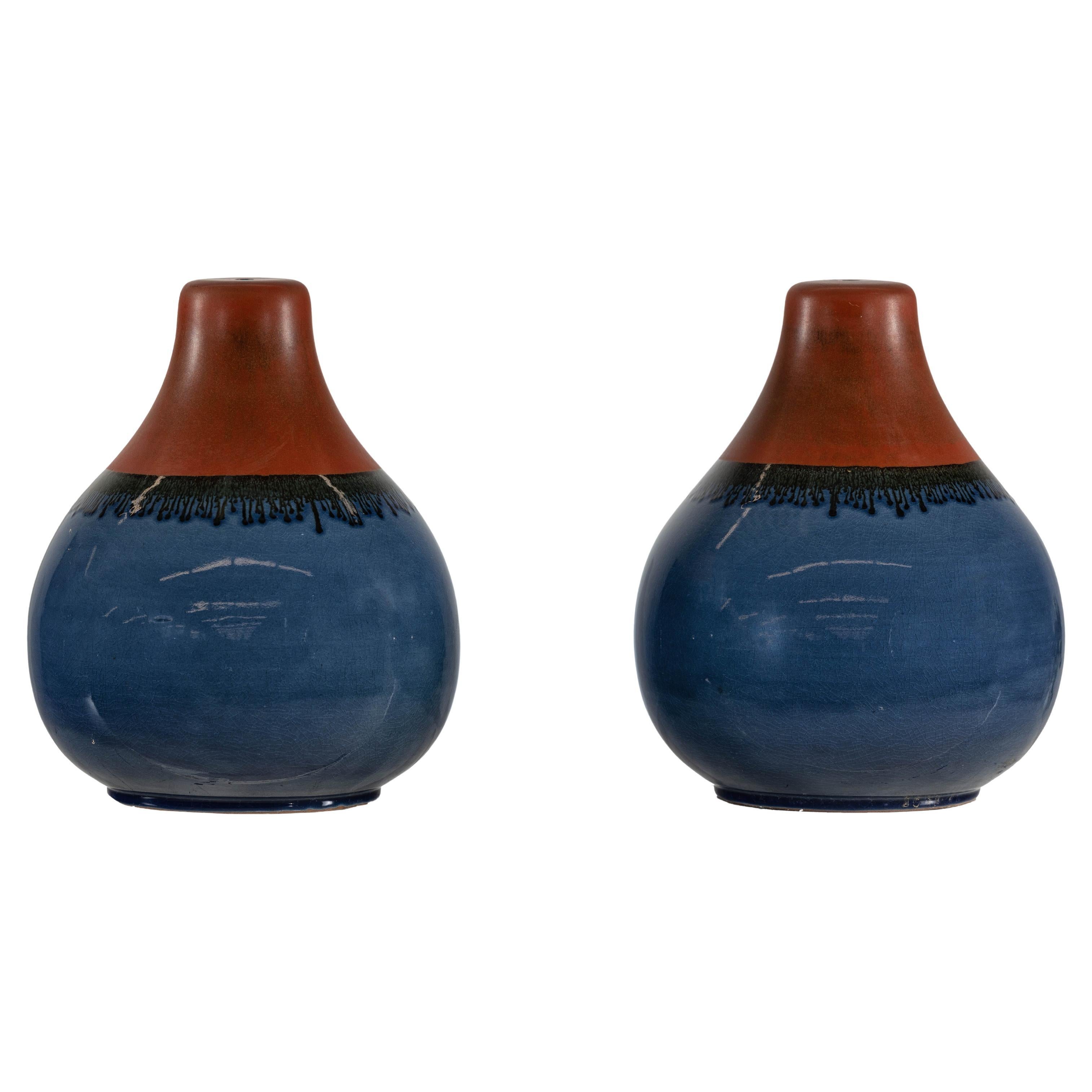 Paire de vases artisanaux en céramique bleu nuit, pré-Drillés pour la convertition en lampe