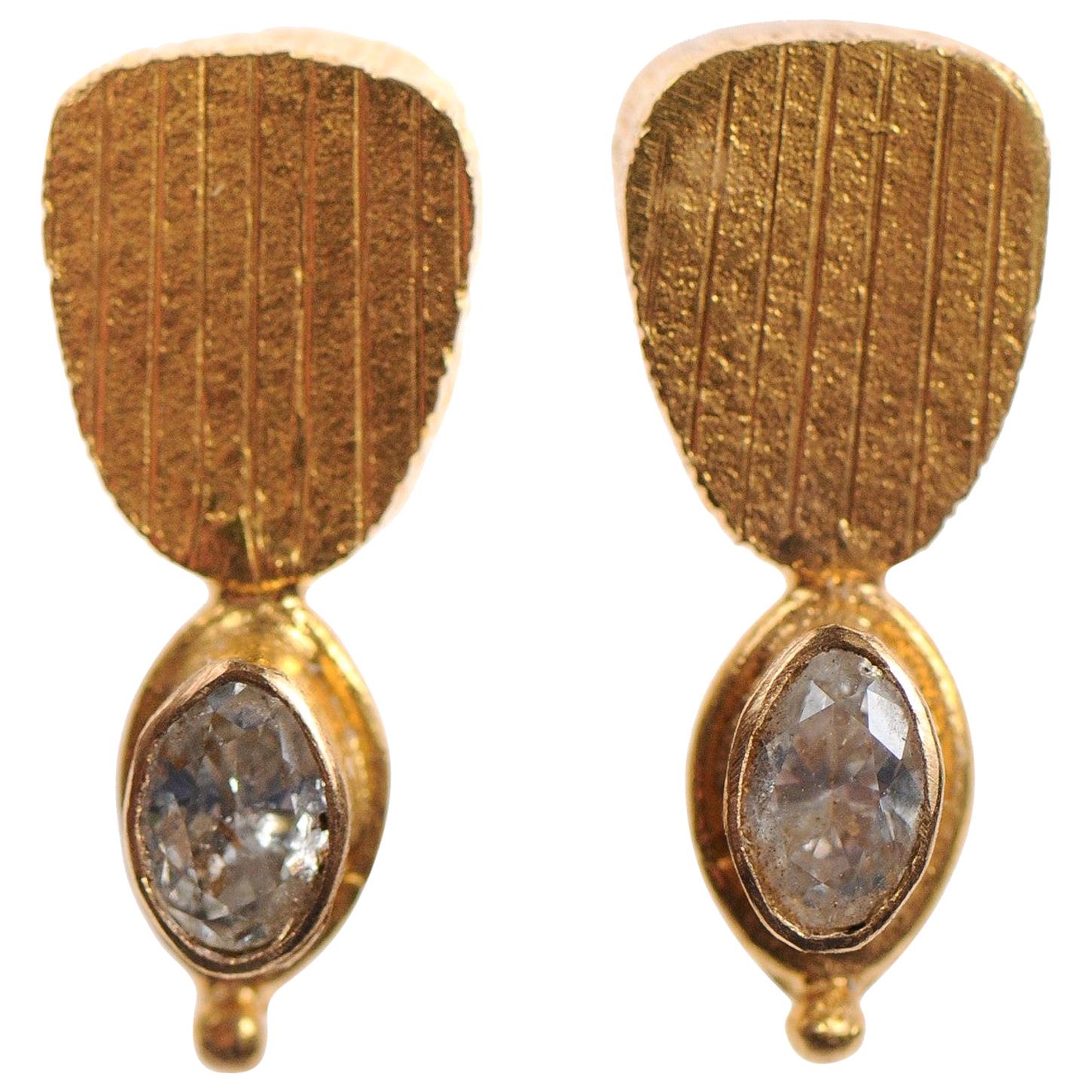 Pair of Artisan Created 22-Karat Gold and Diamond Dangling Earrings 