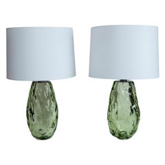 Pareja de Lámparas de Vidrio Soplado Artesanal Verde Mar, Contemporáneas