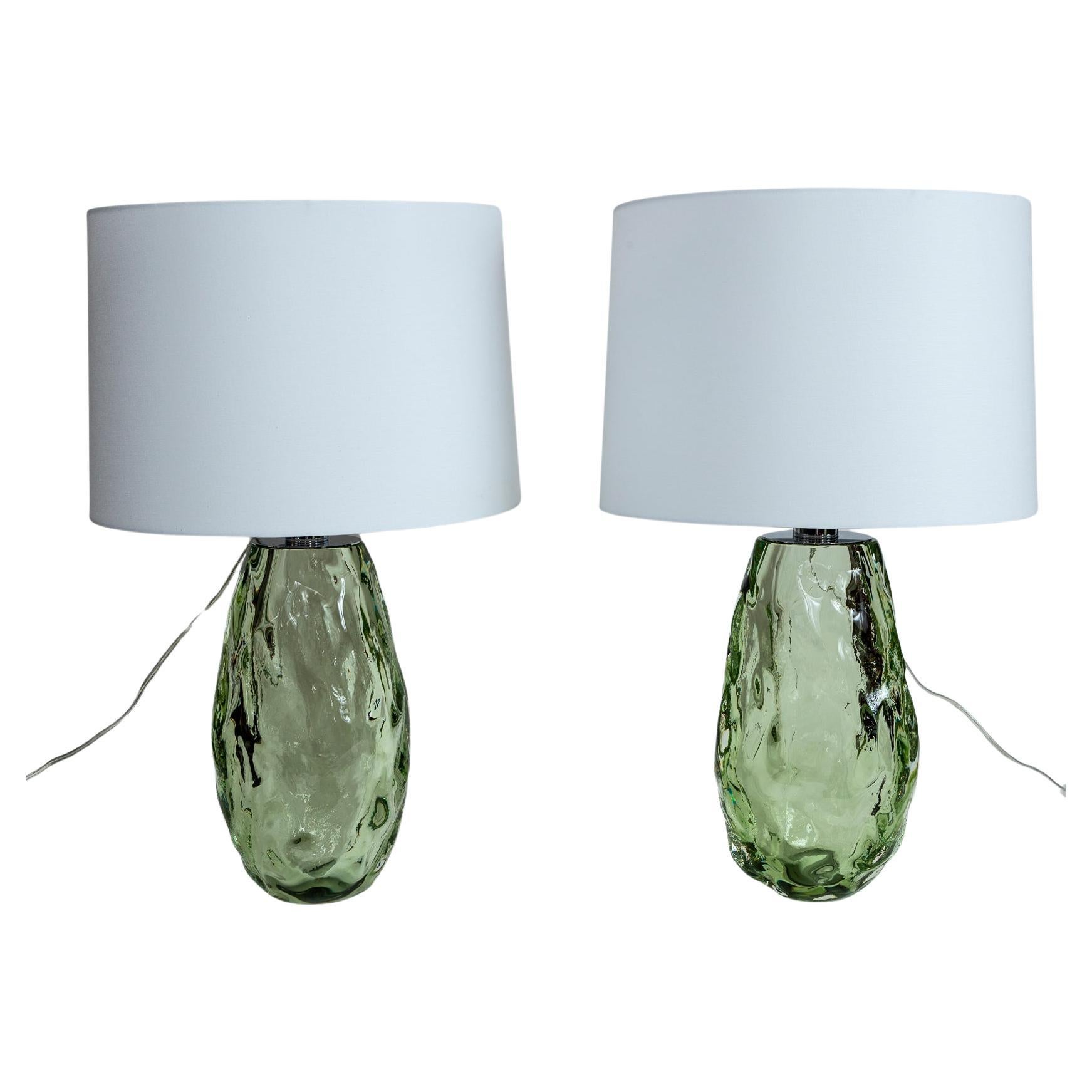Pair of Artisan Glass Blown Sea Green Lamps, Contemporary