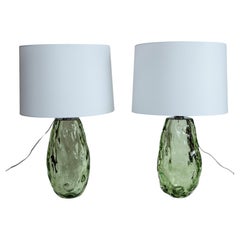 Pair of Artisan Glass Blown Sea Green Lamps, Contemporary