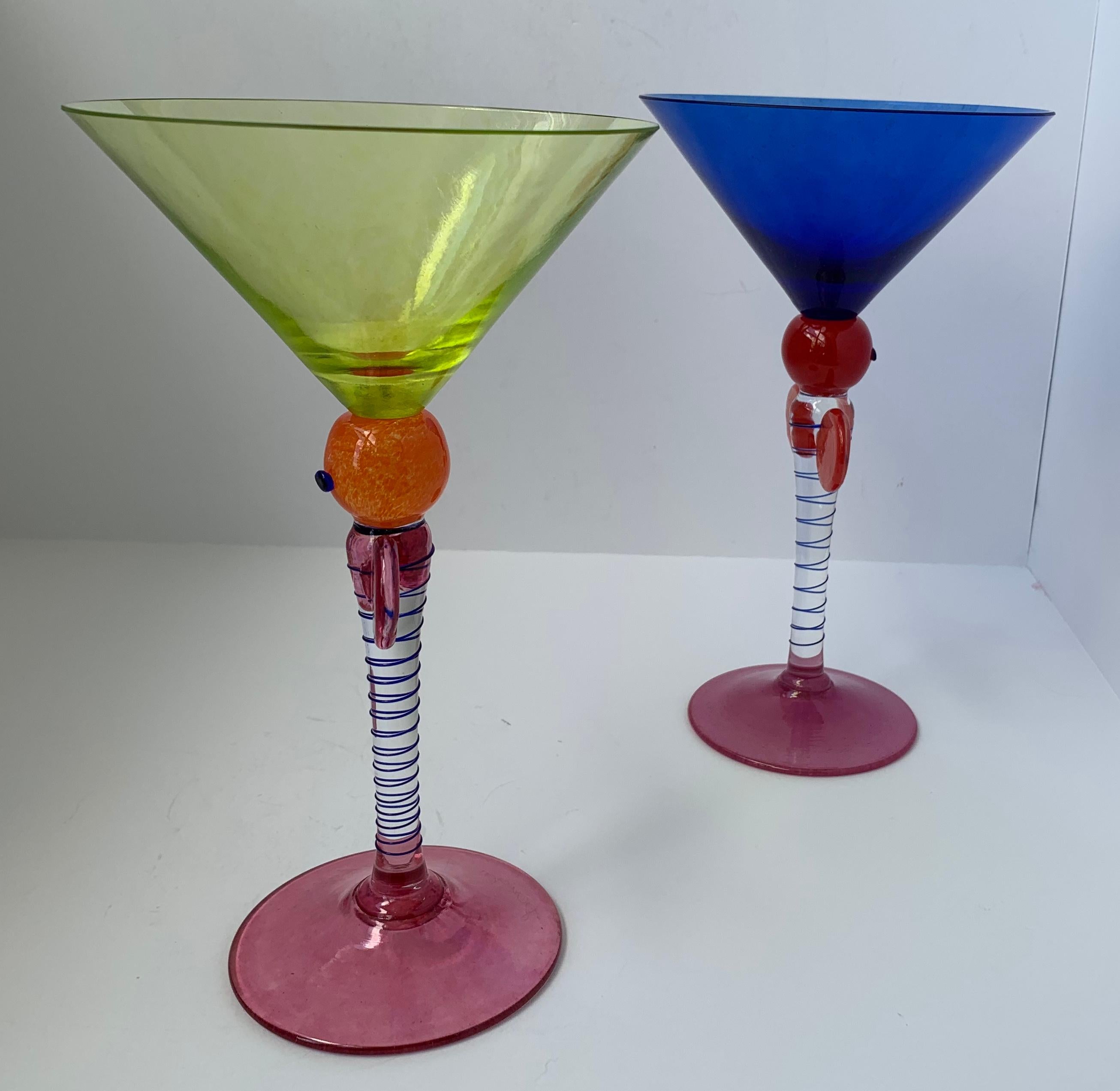 Pair of Artisan Mouth Blown Cocktail Glasses-Signed In Good Condition In West Palm Beach, FL