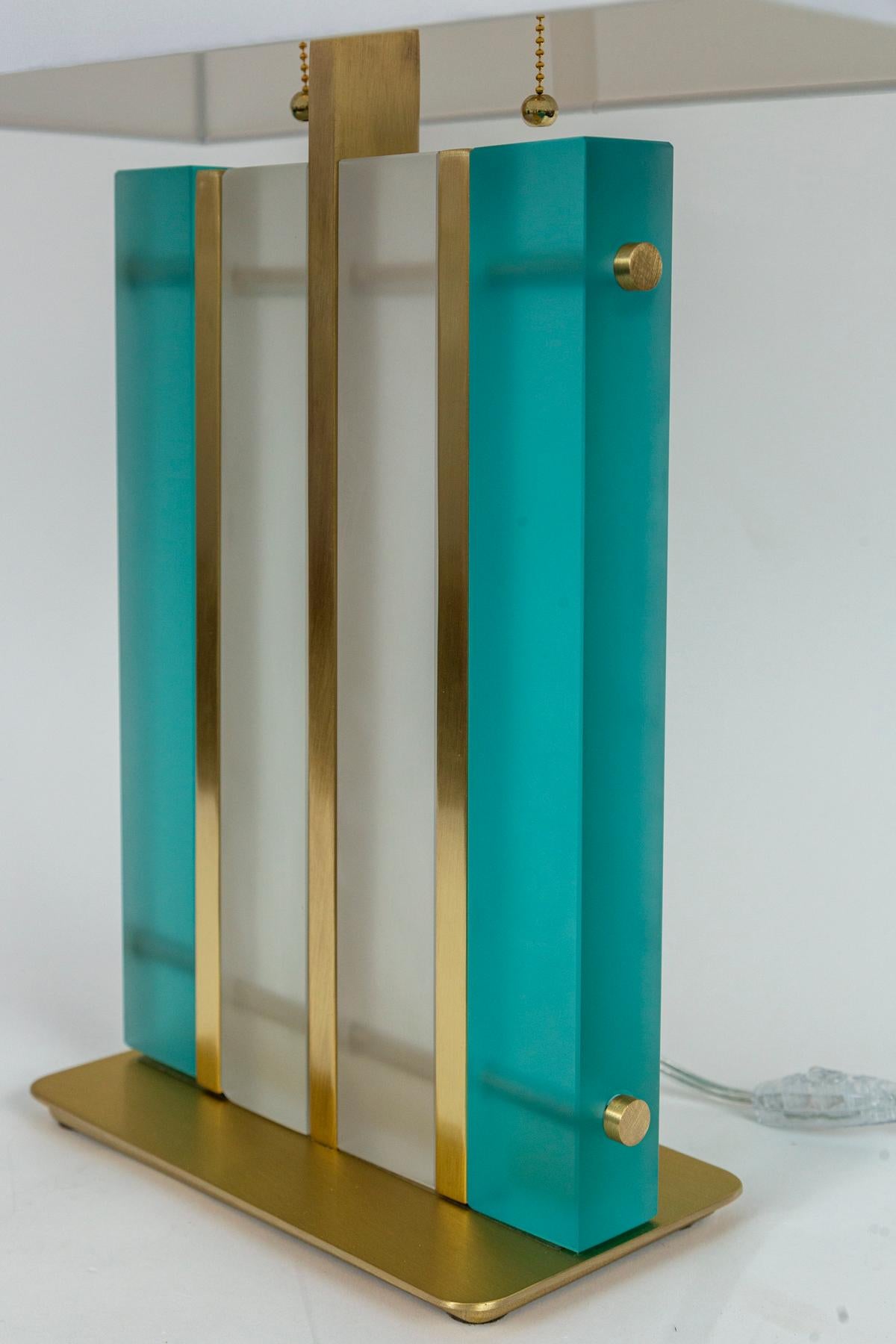 Modern Pair of Artisan Murano Aquamarine Brass Block Lamps For Sale