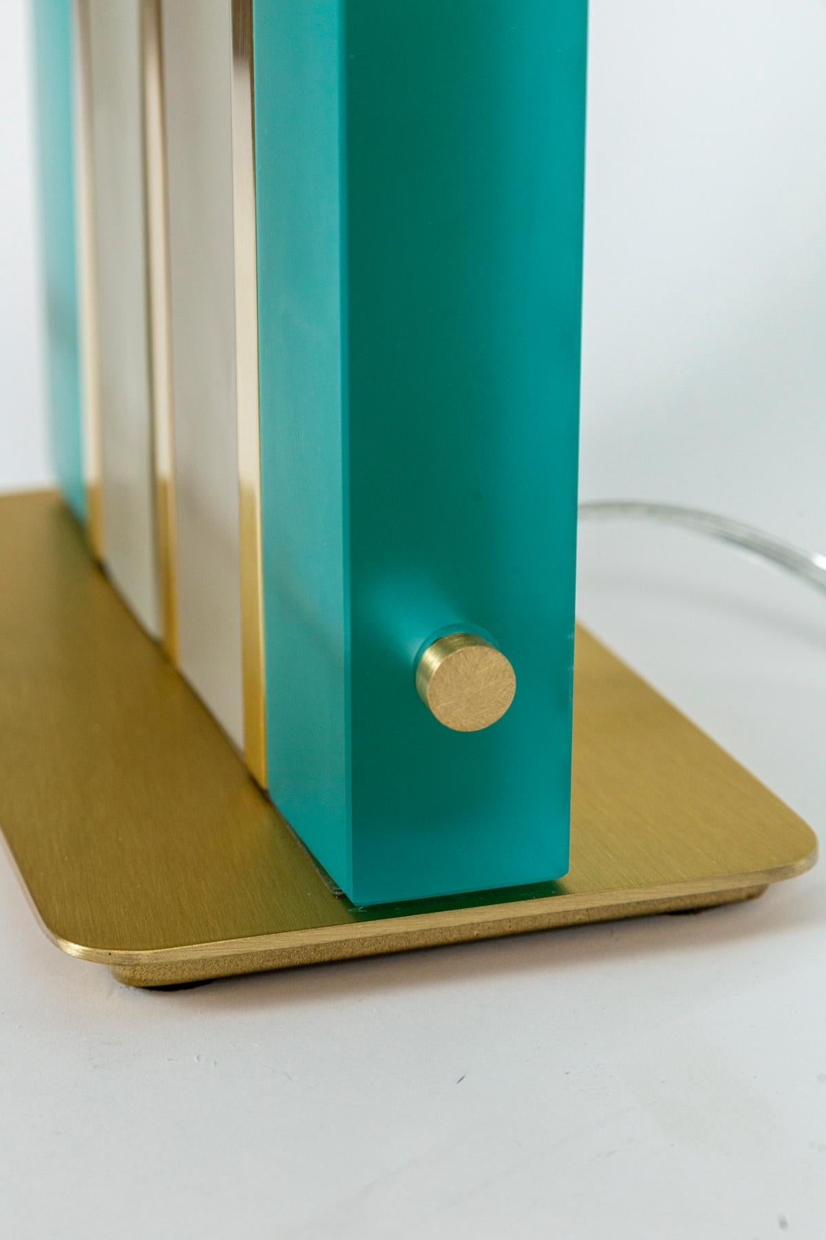 Pair of Artisan Murano Aquamarine Brass Block Lamps In New Condition For Sale In Westport, CT