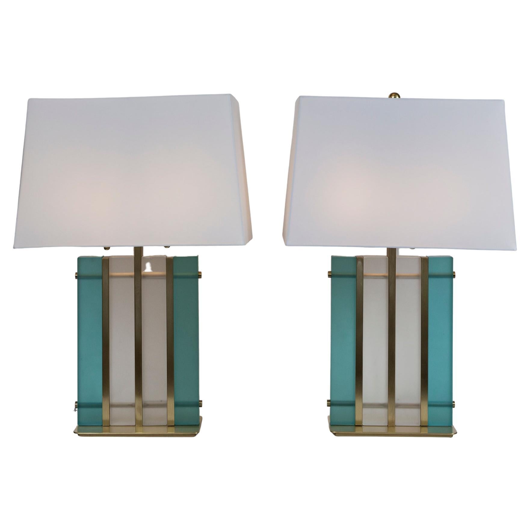 Pair of Artisan Murano Aquamarine Brass Block Lamps For Sale