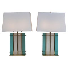 Pair of Artisan Murano Aquamarine Brass Block Lamps