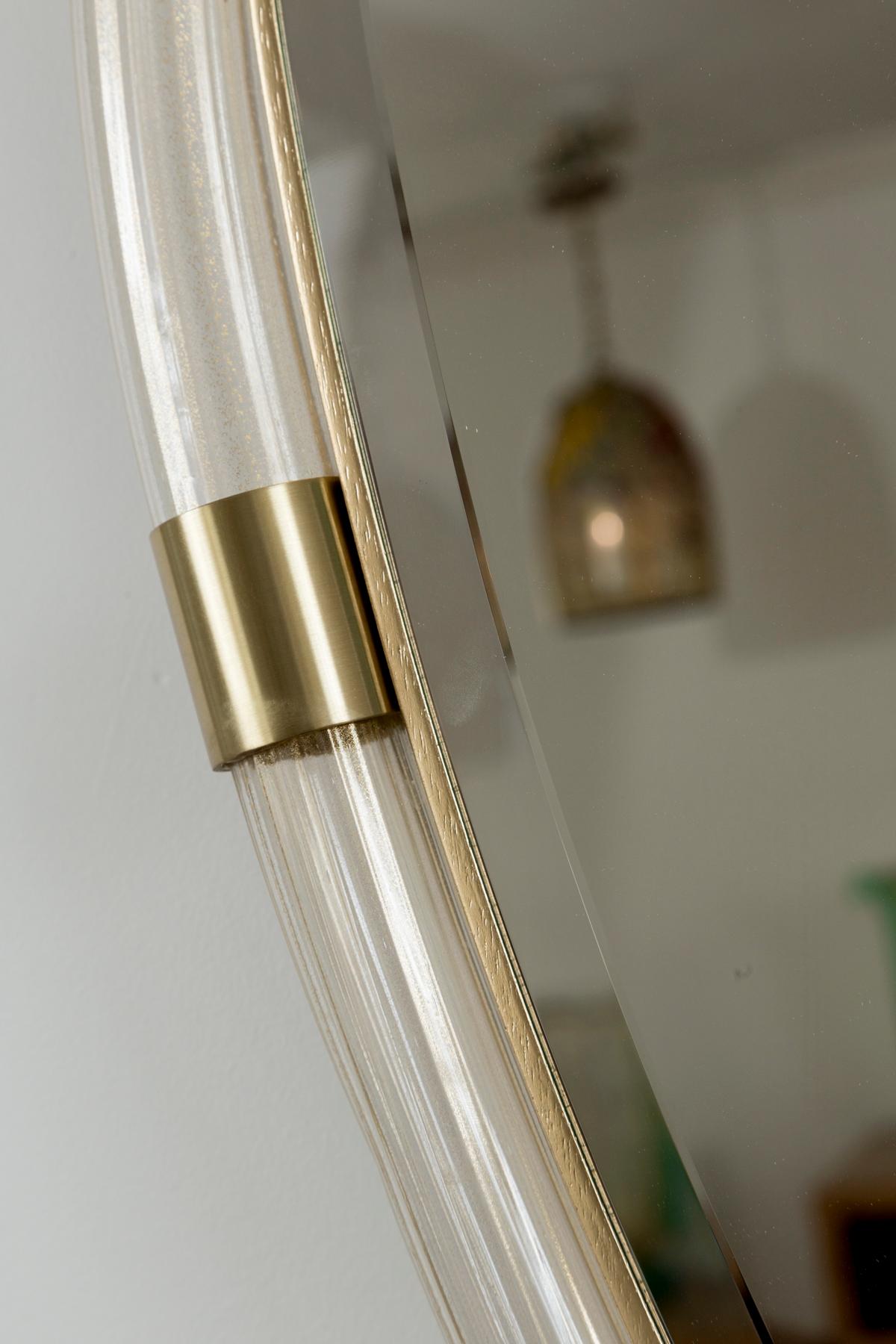 Italian Pair of Artisan Murano Blown Gold Torchere Oval Mirrors, Contemporary