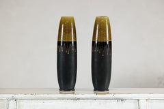 Pair of Artisan Slim Ochre and Black Ceramic Vases with Drip-Glaze Tops