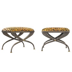Vintage Pair of Artisan Steel Benches with Leopard Print Seats, 1970's