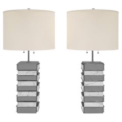 Pair of Artisan Table Lamps in White Marble and Chrome 1970s