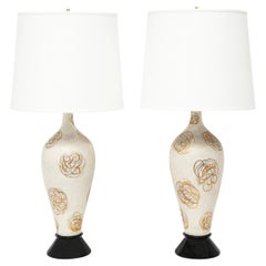 Pair of Artisan Table Lamps with Abstract Flowers and Speckled Glaze 1950s