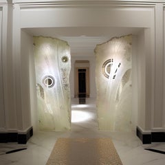 Pair of Spectacular Custom Post Modern Architectural Etched Glass Panels