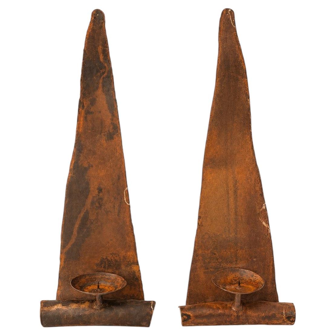 Pair of Artist-Made Brutalist Welded Steel Wall Candle Sconces, American Studio For Sale