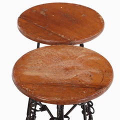 Pair of Artist-Made Iron and Oak Stools, C 1960