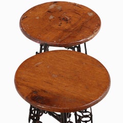Pair of Artist-Made Iron and Oak Stools, C 1960