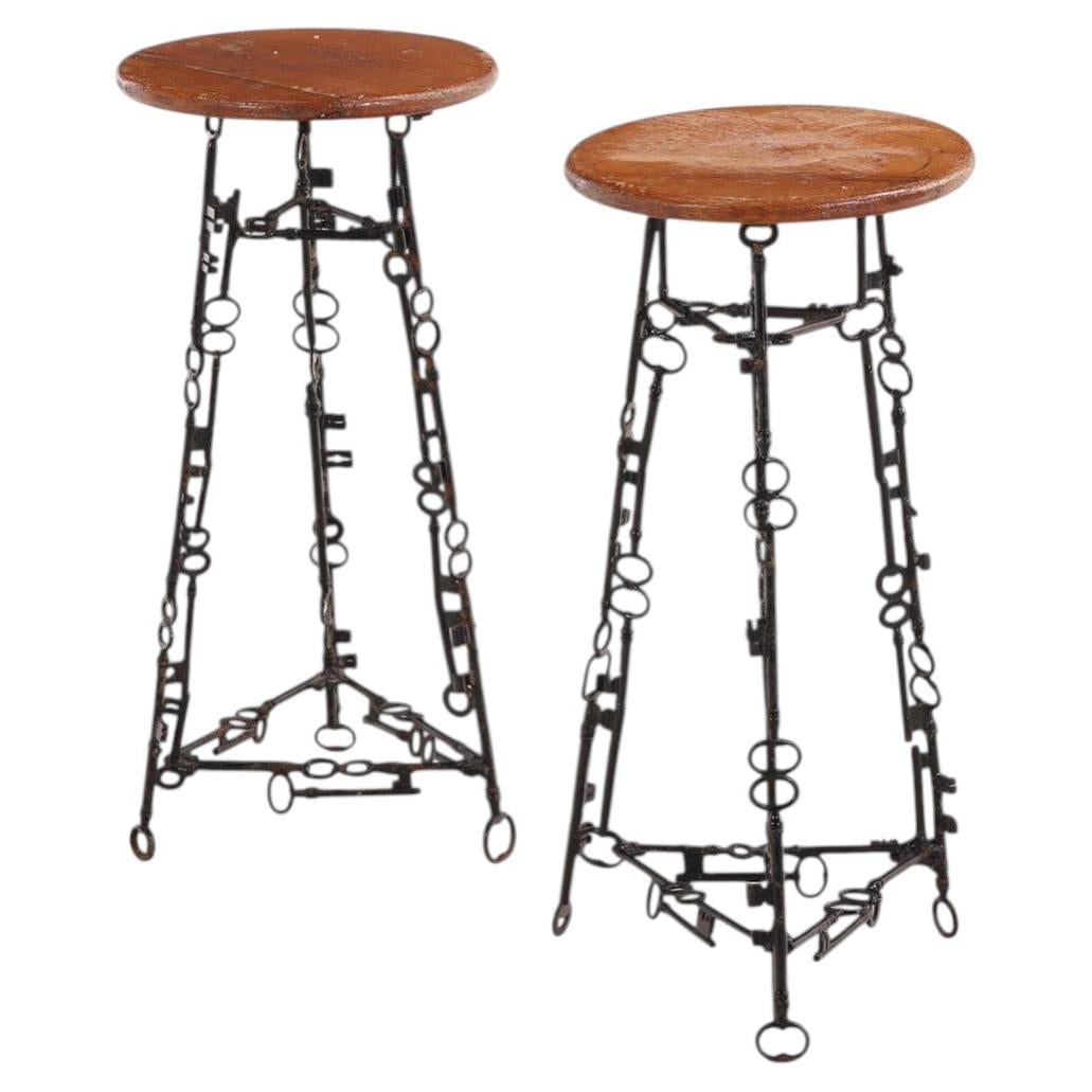Pair of Artist-Made Iron and Oak Stools, C 1960 For Sale