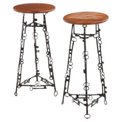 Pair of Artist-Made Iron and Oak Stools, C 1960