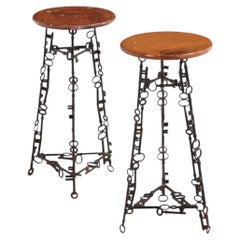 Pair of Artist-Made Iron and Oak Stools, C 1960