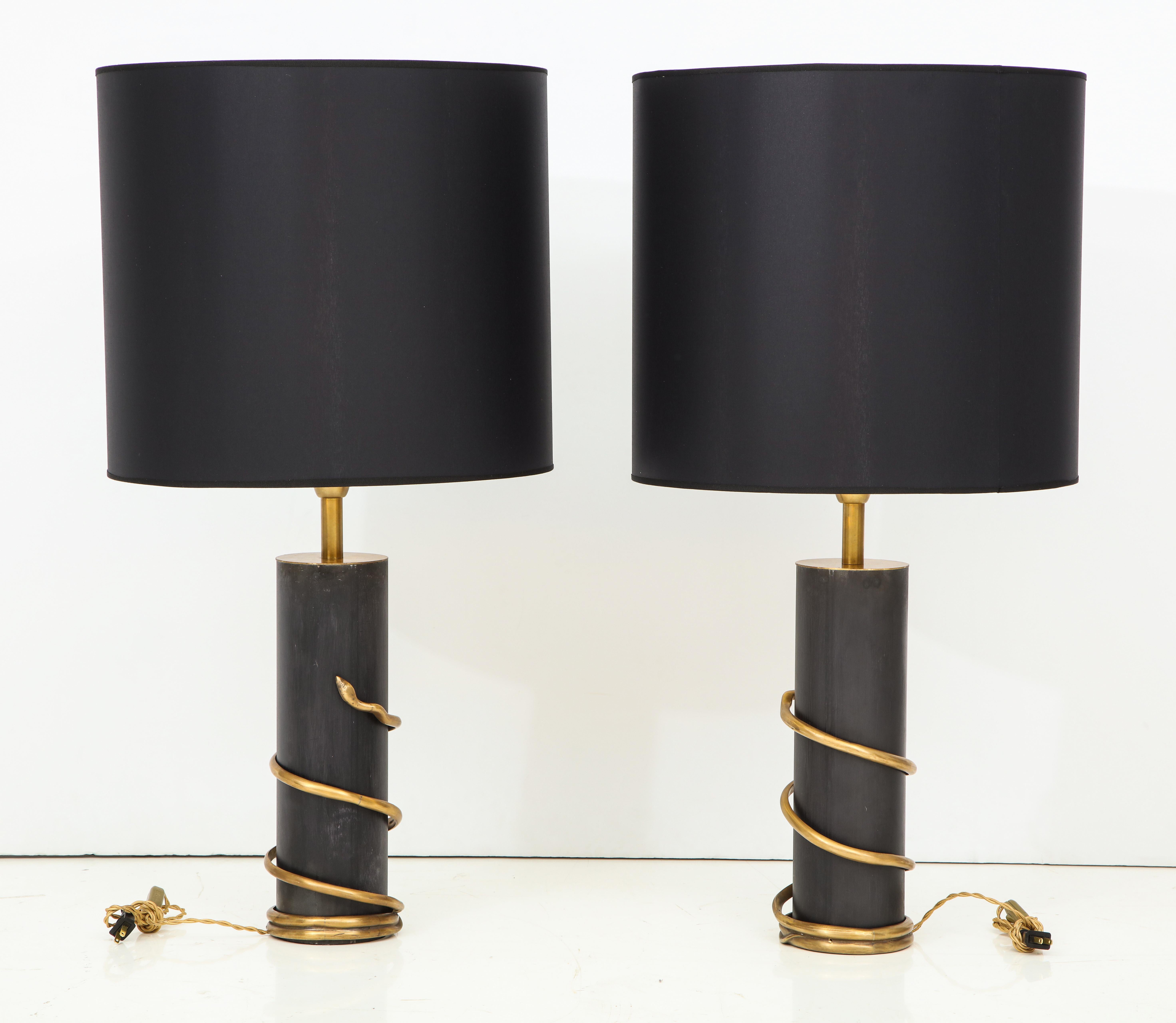 Contemporary Pair of Rare X-Large Black Enameled Metal and Brass 