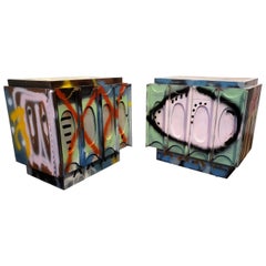 Pair of Artist Painted Graffiti Art Nightstands