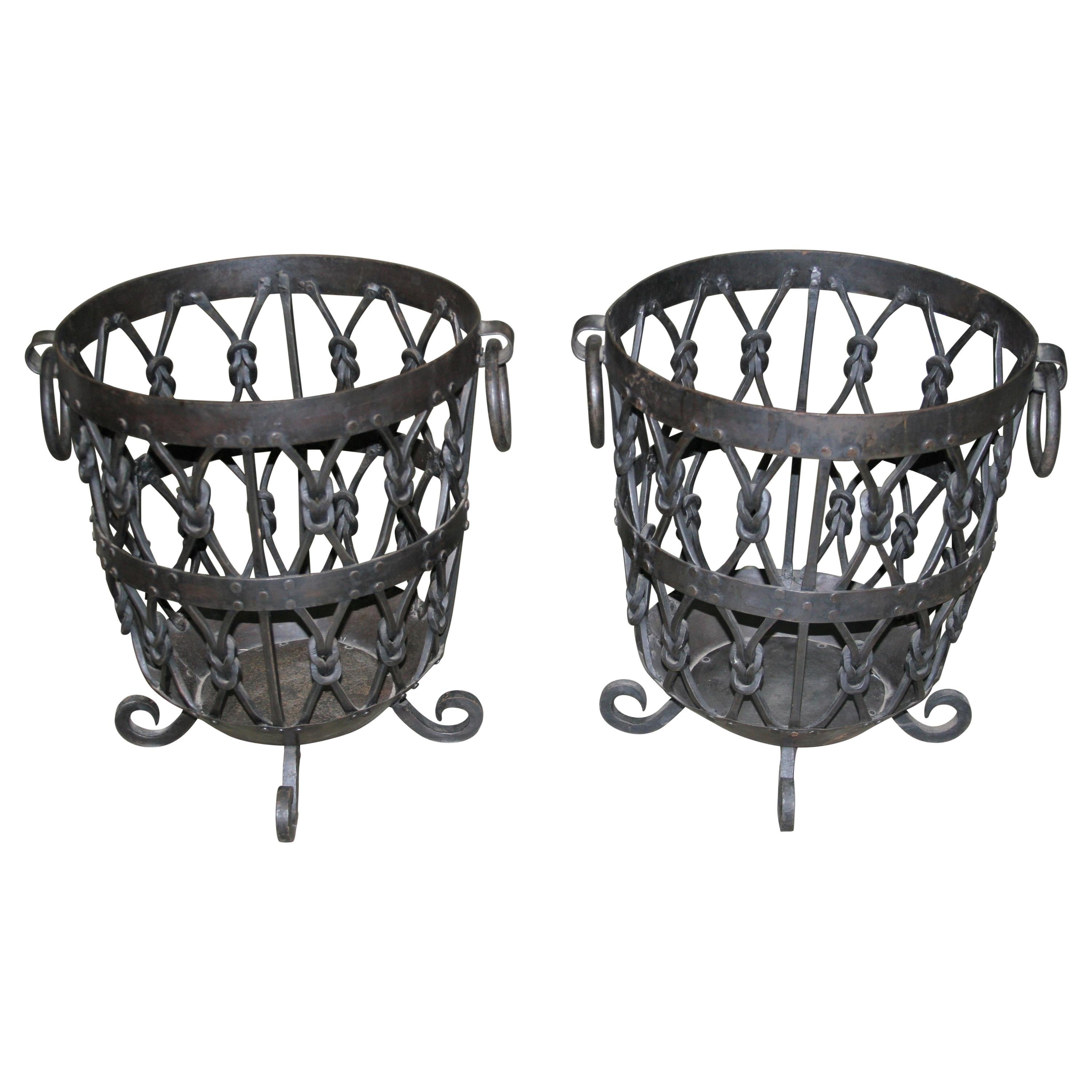 Pair of Artistic Creation of Iron Planters by a Village Master Blacksmith For Sale