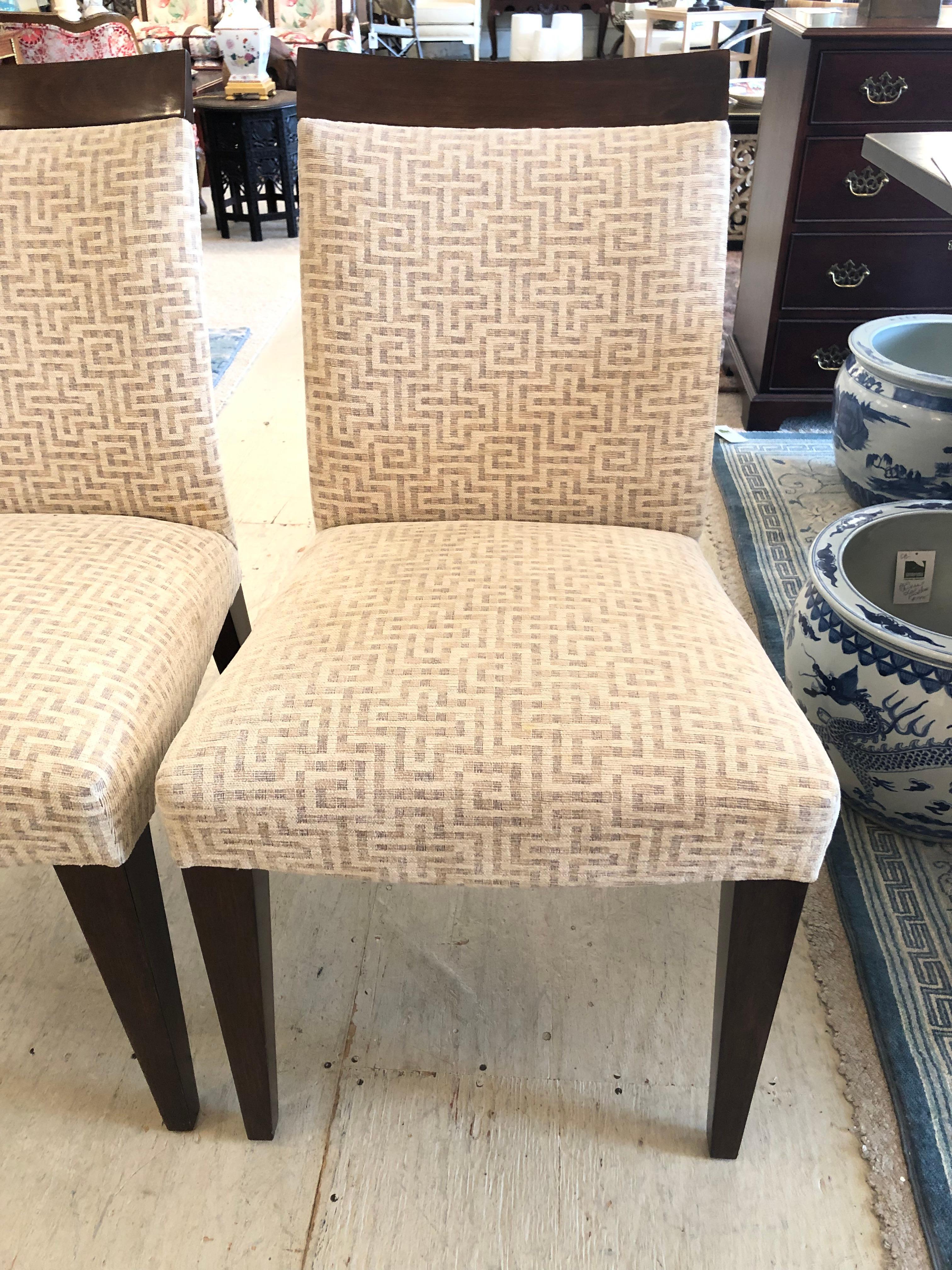 Super sophisticated richly made pair of Einstein side chairs by Artistic Frame, having mahogany legs and tops of the chairs with stunning neutral geometric upholstery in beige, taupe and grey.

Note:  Other chairs can be ordered;  price upon request.