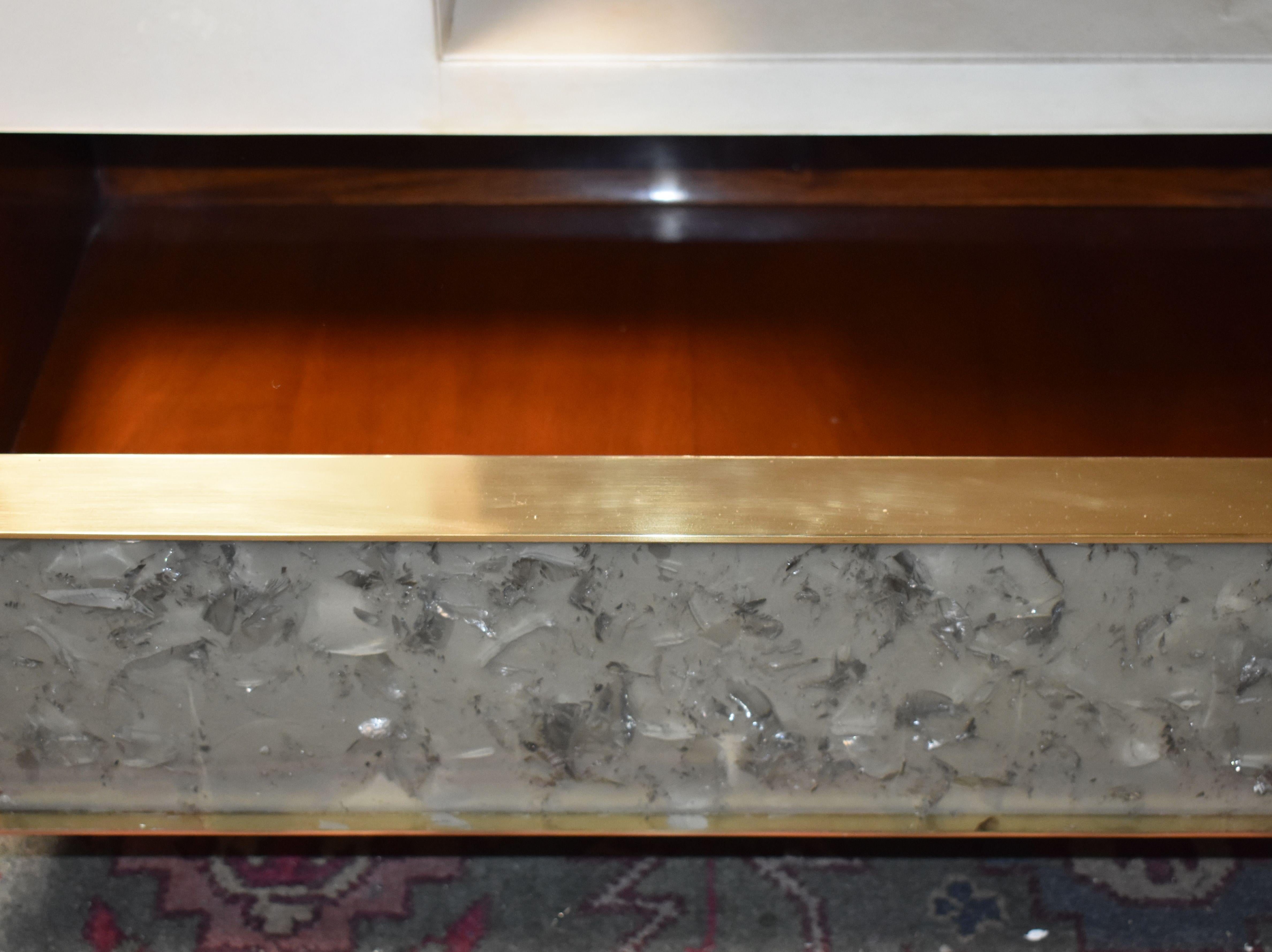 Brass Pair of Artistic Parchment and Cracked Resin Side Tables or Nightstands