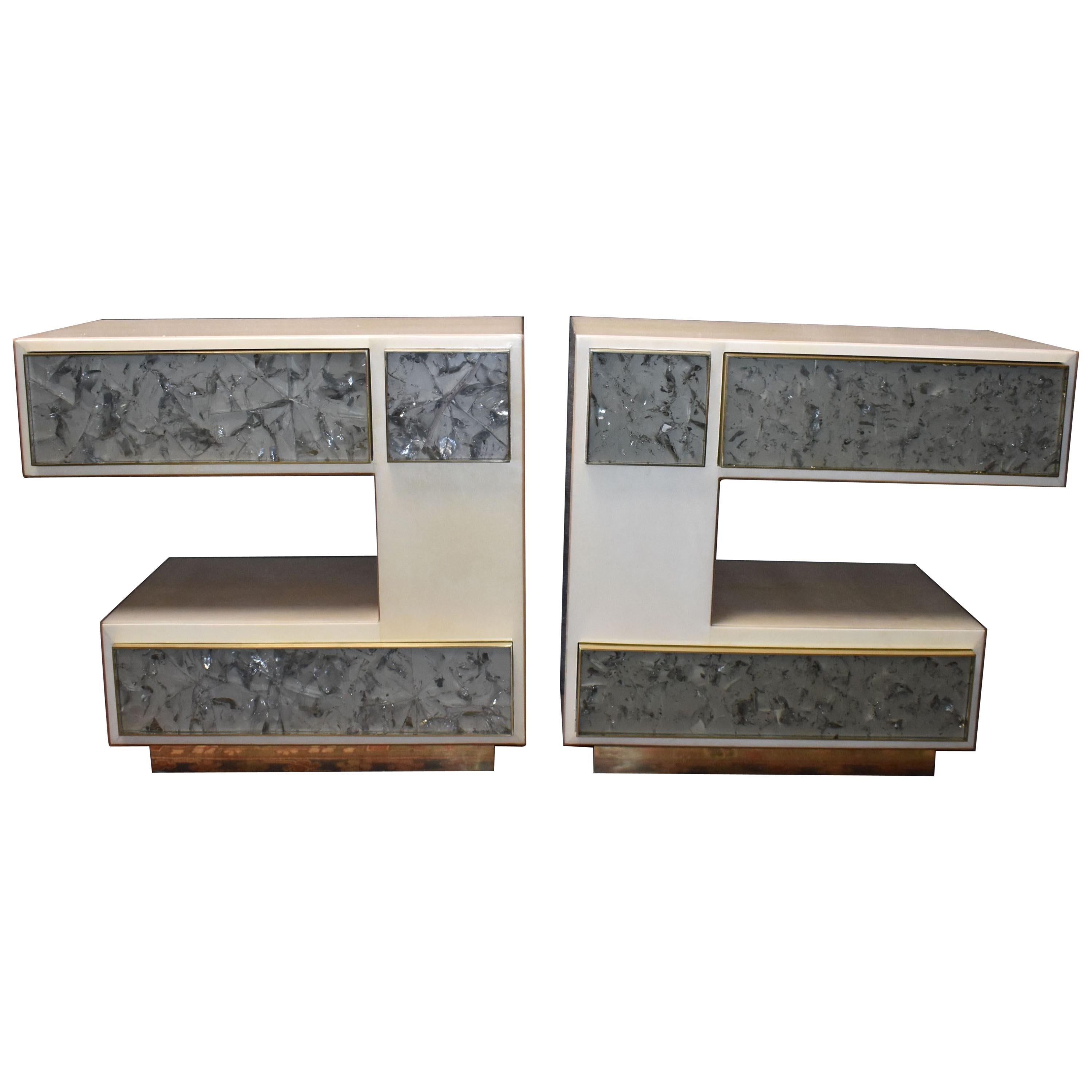 Pair of Artistic Parchment and Cracked Resin Side Tables or Nightstands