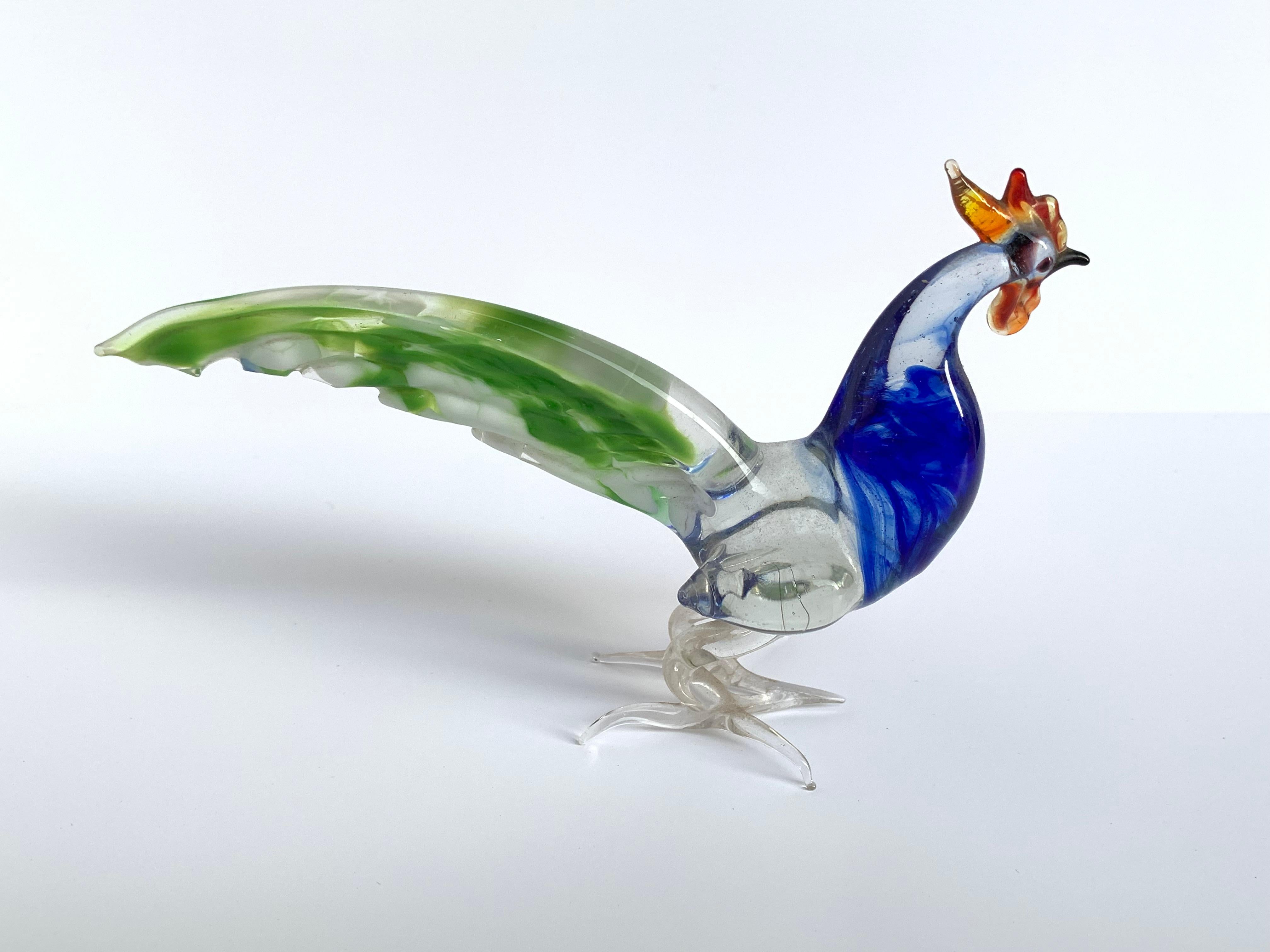 Blown Glass Pair of Artistic Roosters in Multi-Color Murano Glass, Italy, 1970s