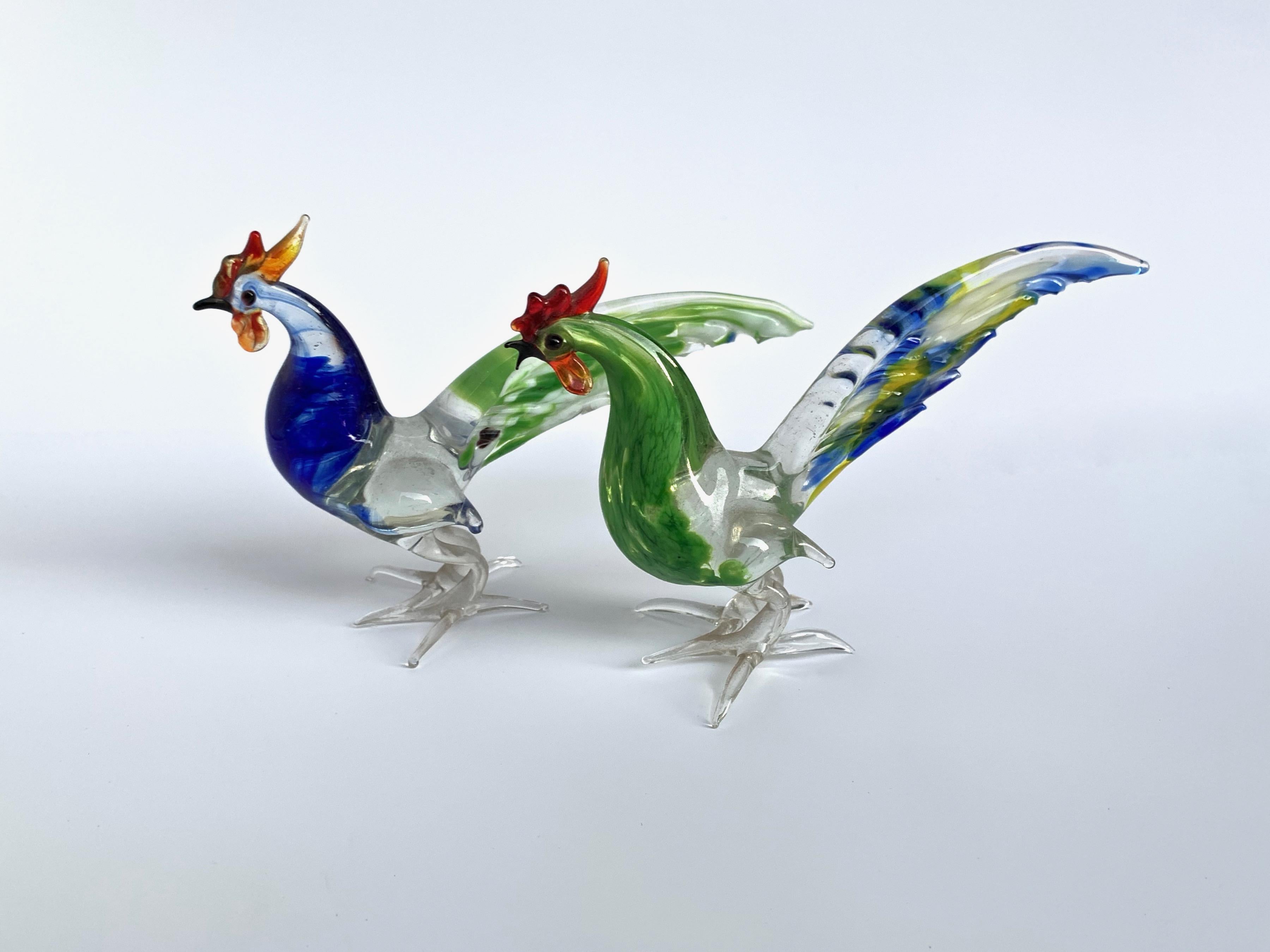 Mid-Century Modern Pair of Artistic Roosters in Multi-Color Murano Glass, Italy, 1970s