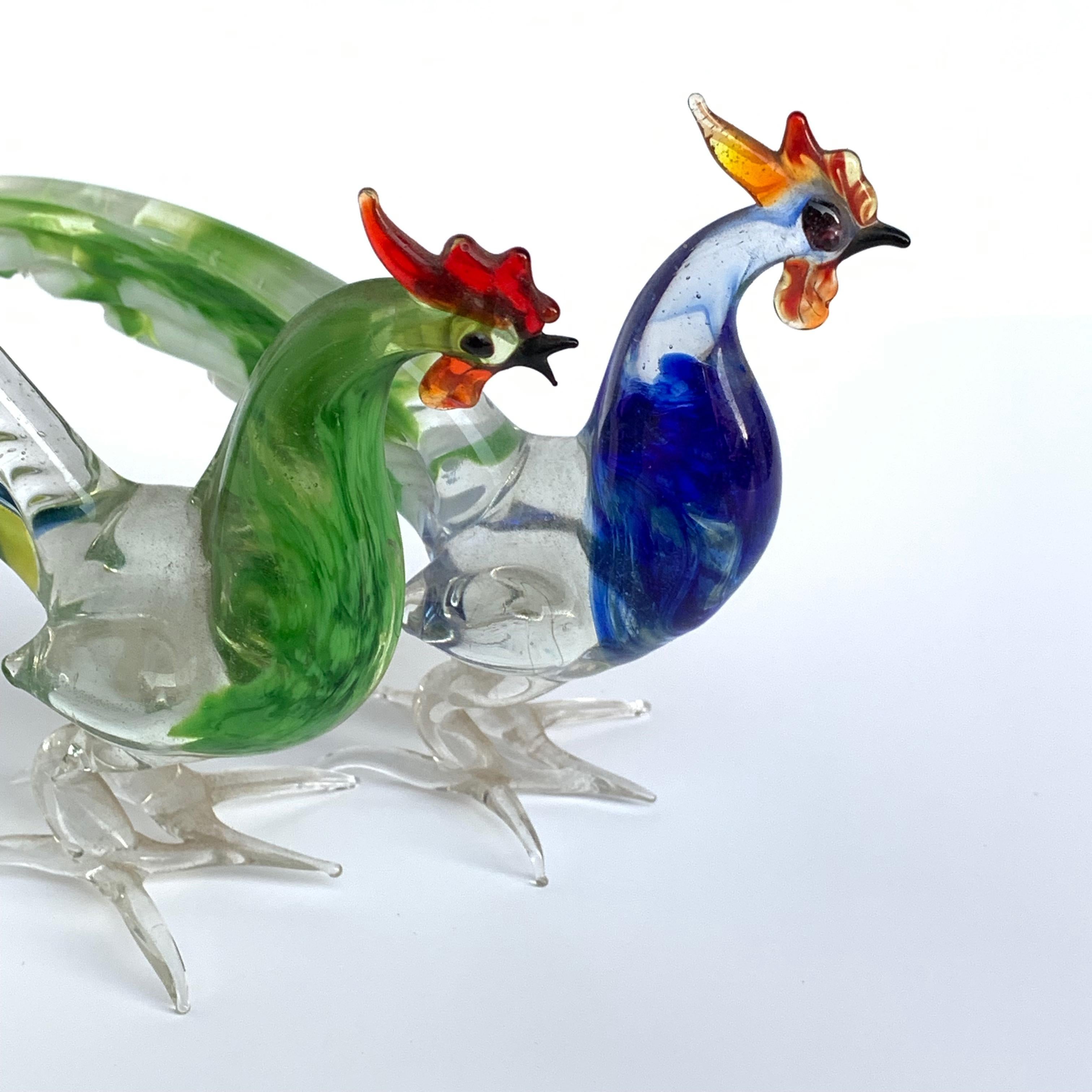 Italian Pair of Artistic Roosters in Multi-Color Murano Glass, Italy, 1970s