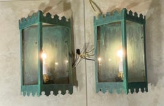 Pair Of Artistic Vintage Patinated Metal Wall Lantern Sconces