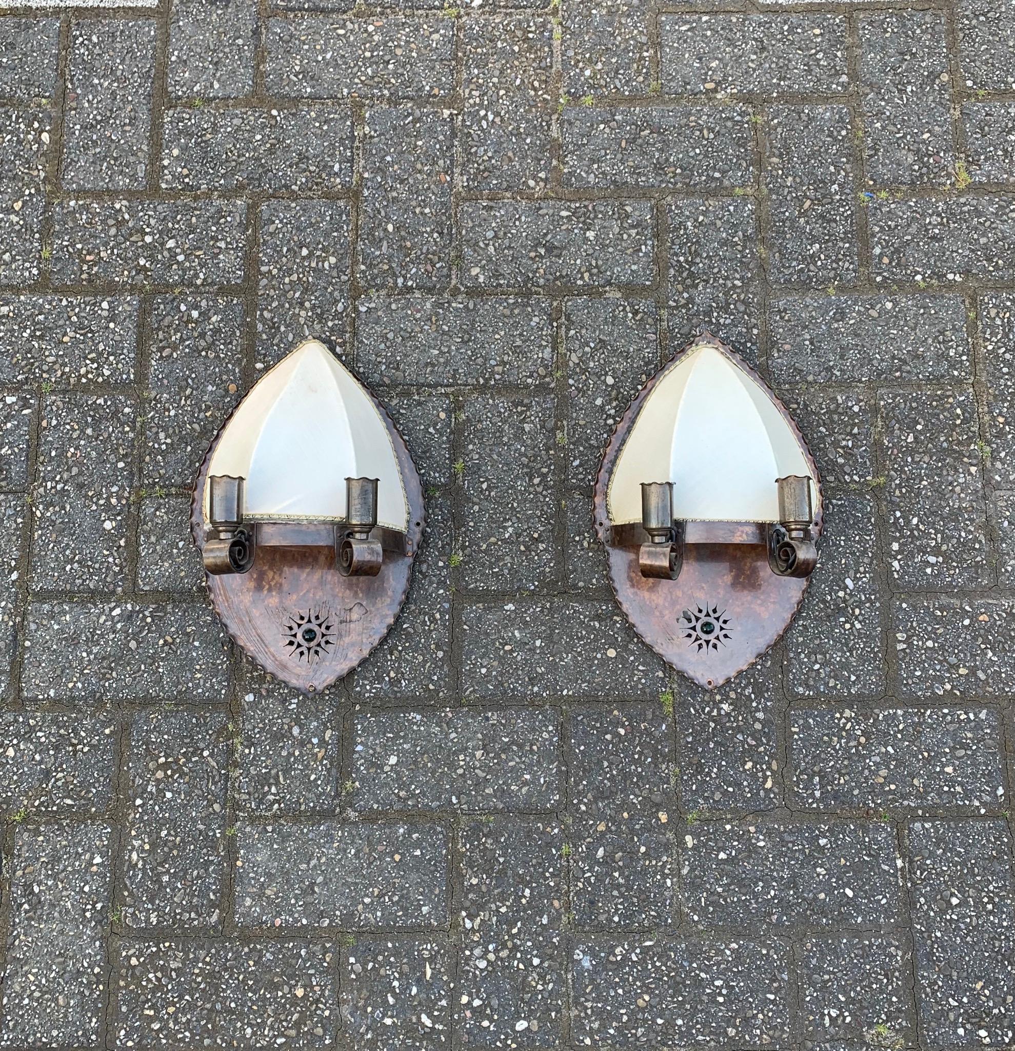 Dutch Pair of Arts & Crafts 3-Light Copper Wall Sconces by Winkelman & Van der Bijl For Sale