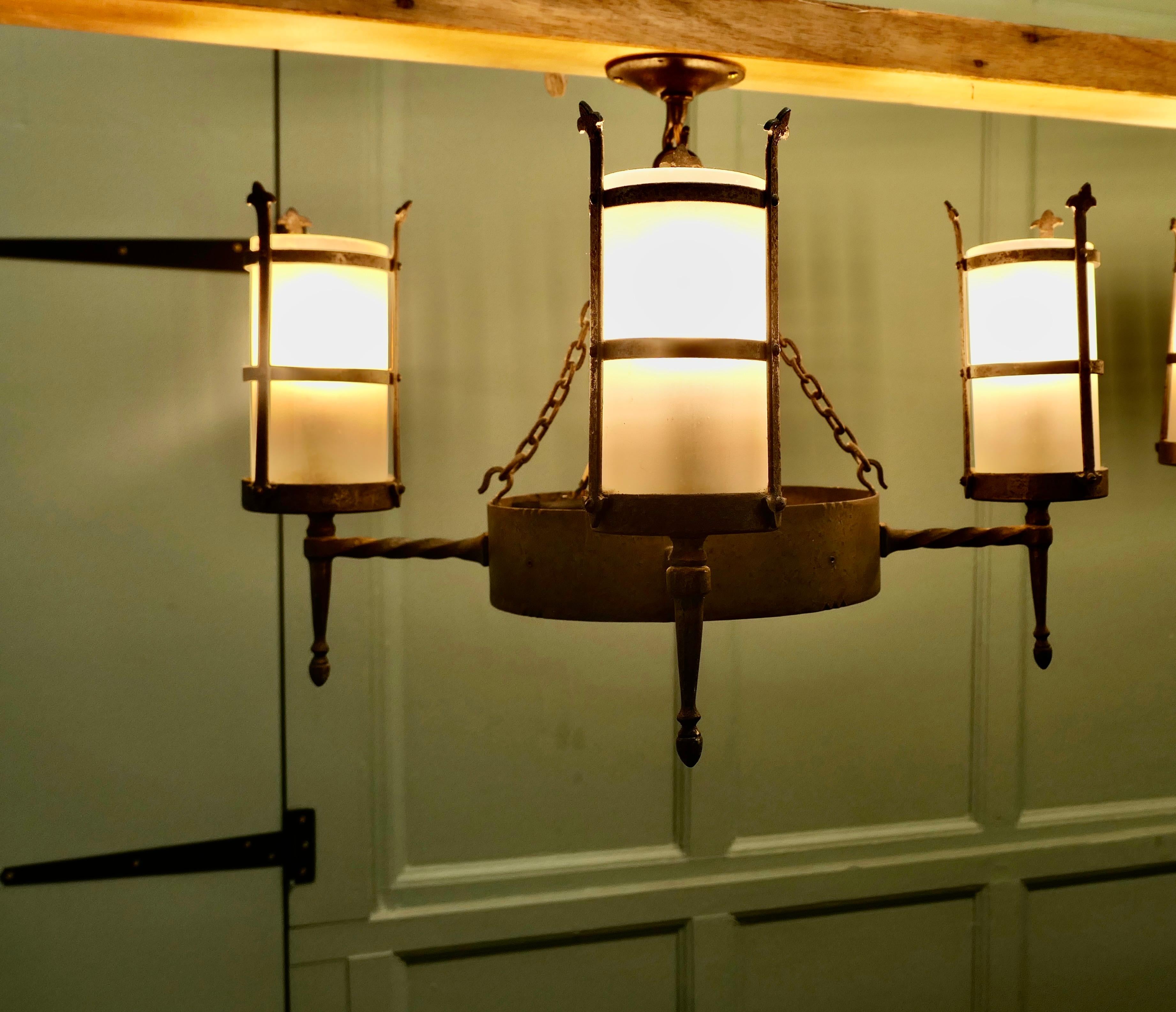 Pair of Arts and Crafts 4 Arm Ceiling Lights  An unusual pair of pendant lights In Good Condition For Sale In Godshill, Isle of Wight
