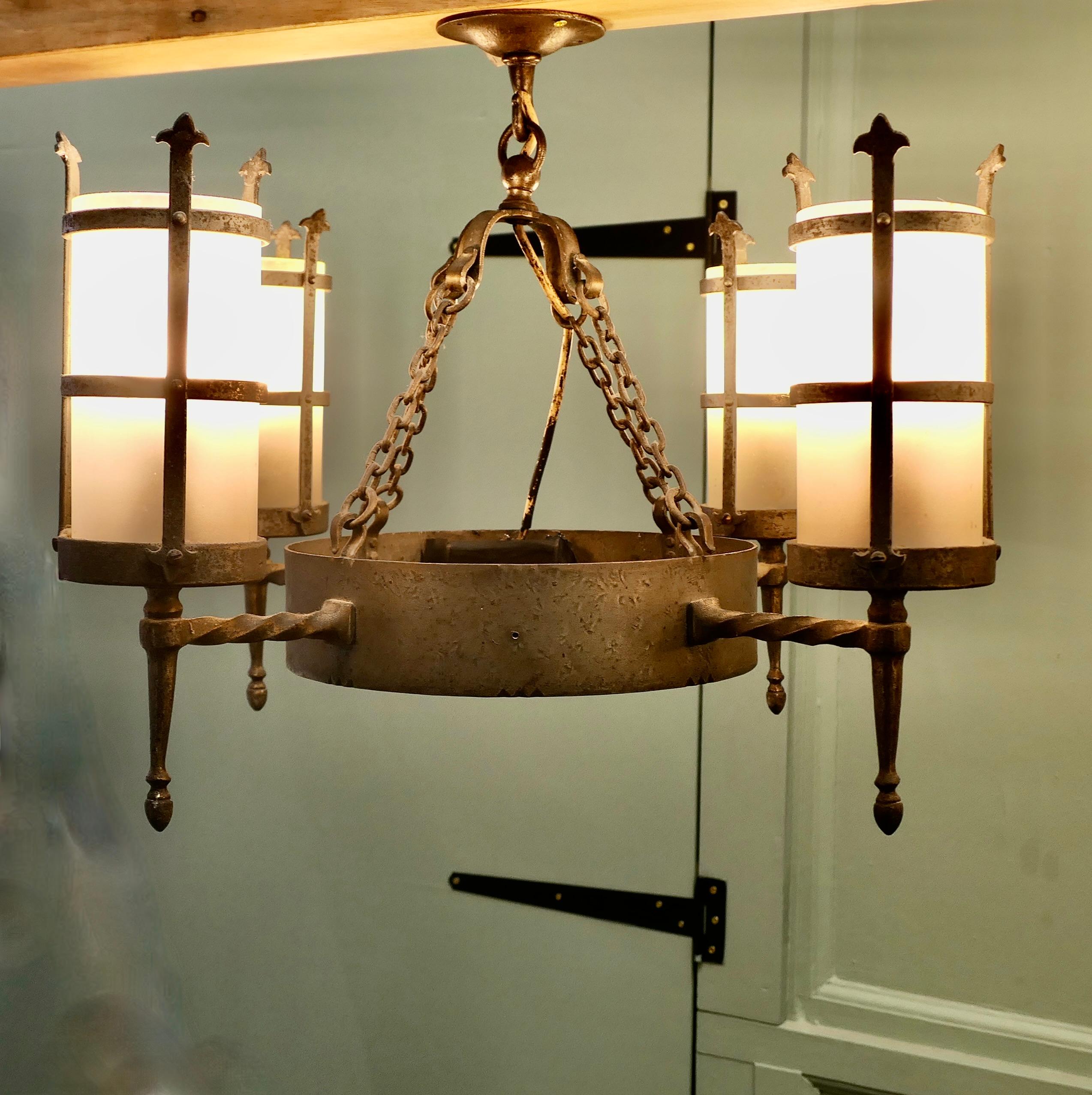 Early 20th Century Pair of Arts and Crafts 4 Arm Ceiling Lights  An unusual pair of pendant lights For Sale