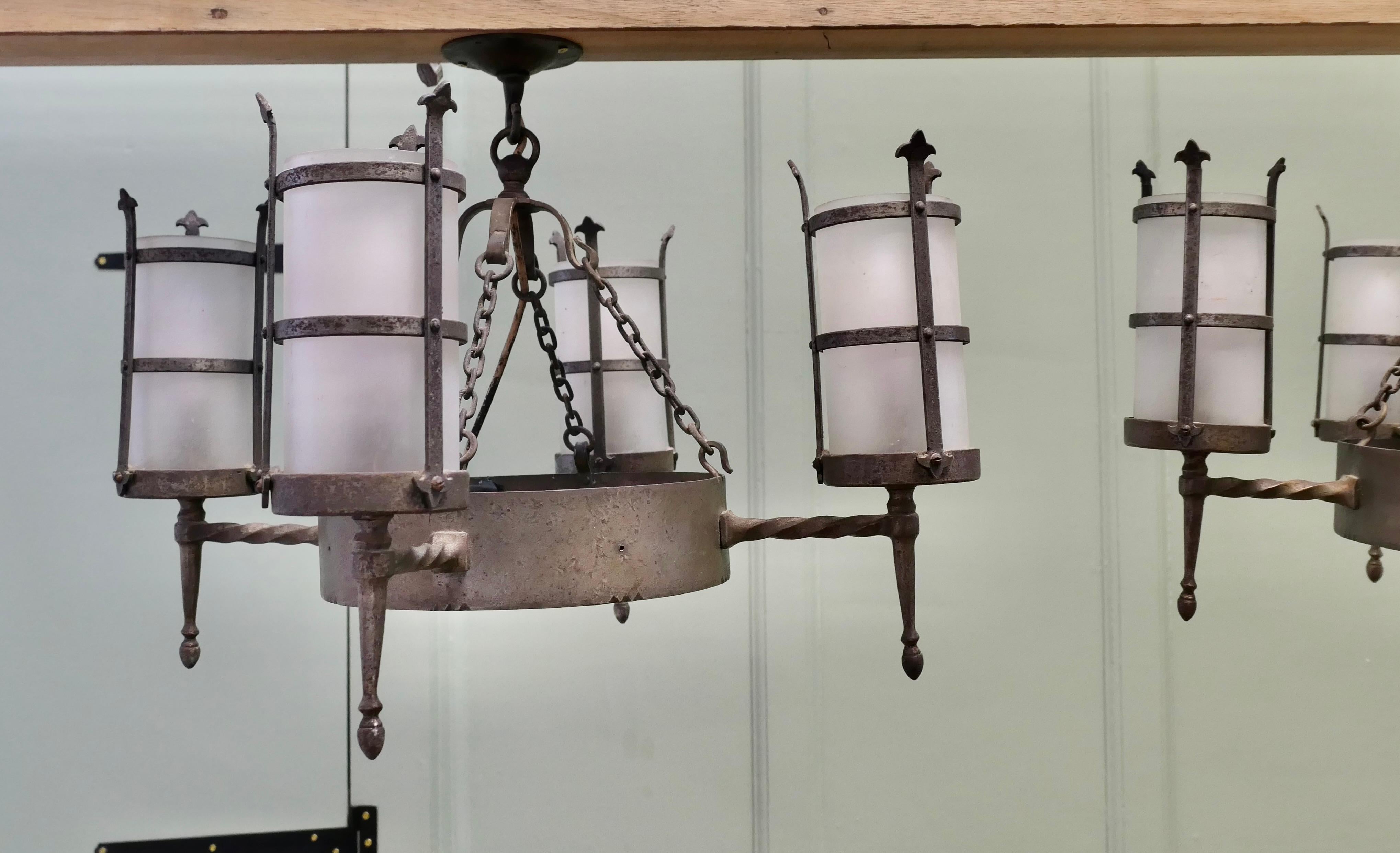 Pair of Arts and Crafts 4 Arm Ceiling Lights  An unusual pair of pendant lights For Sale 2