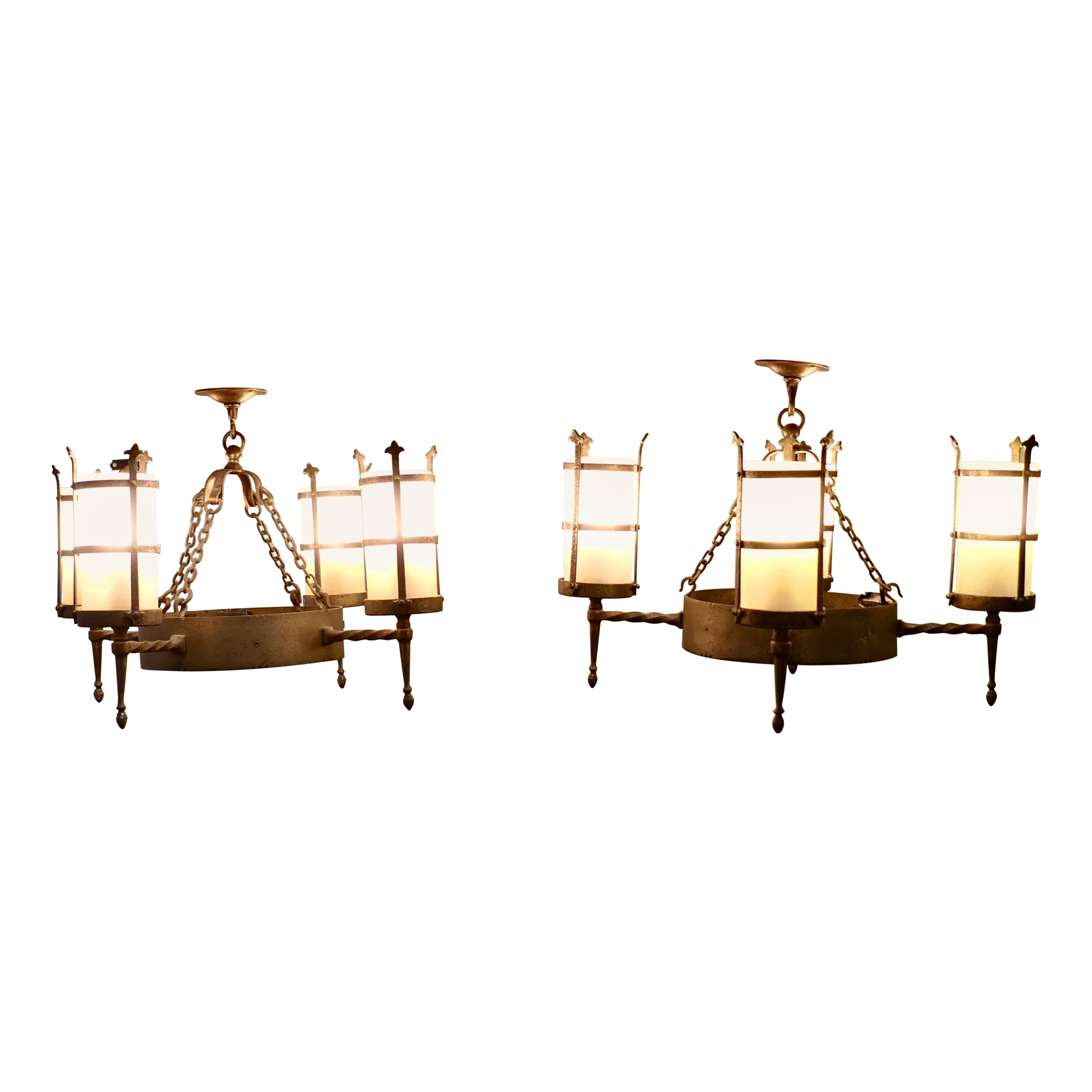 Pair of Arts and Crafts 4 Arm Ceiling Lights  An unusual pair of pendant lights For Sale