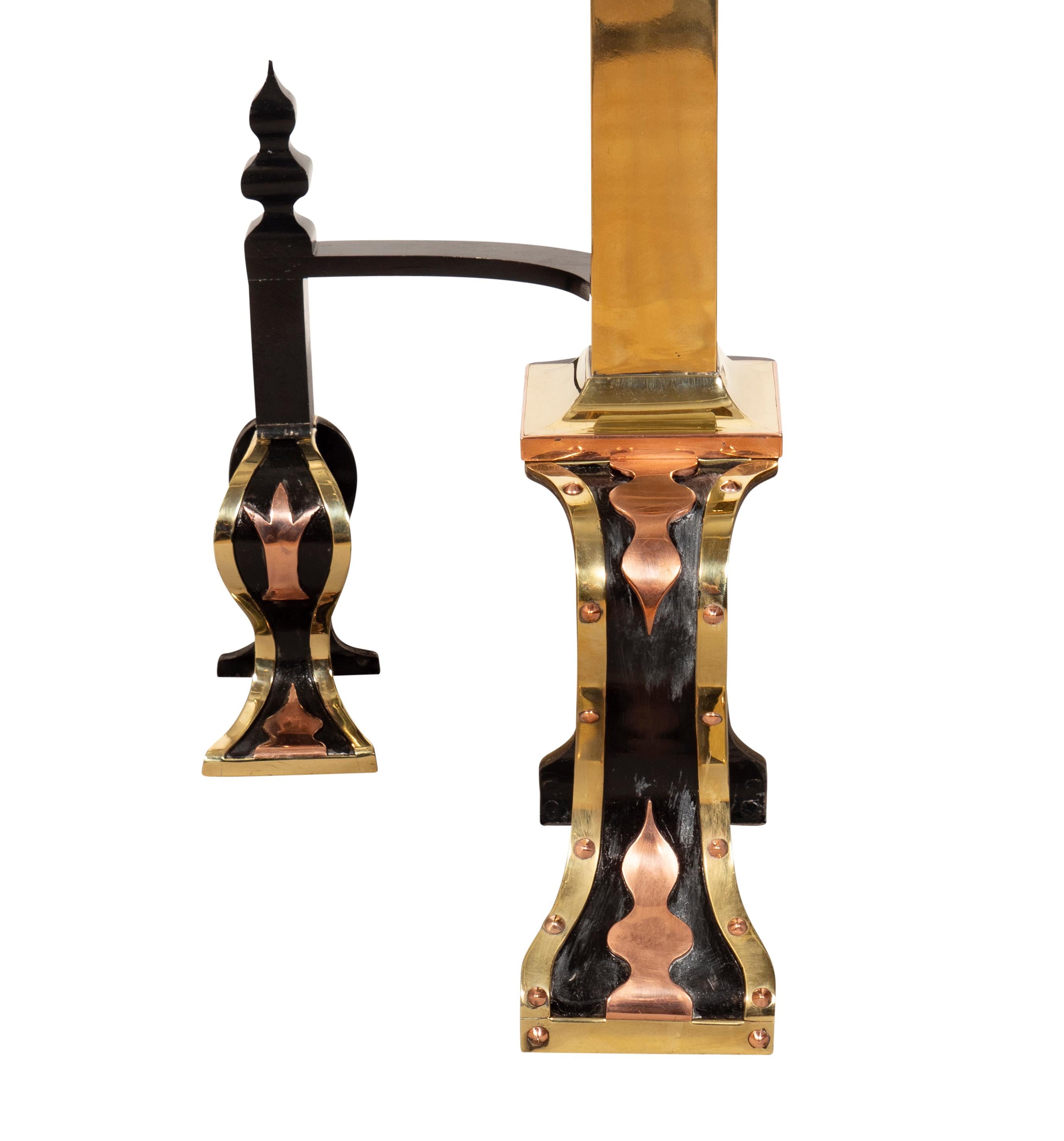 Pair of Arts & Crafts Brass, Iron and Copper Andirons For Sale 8