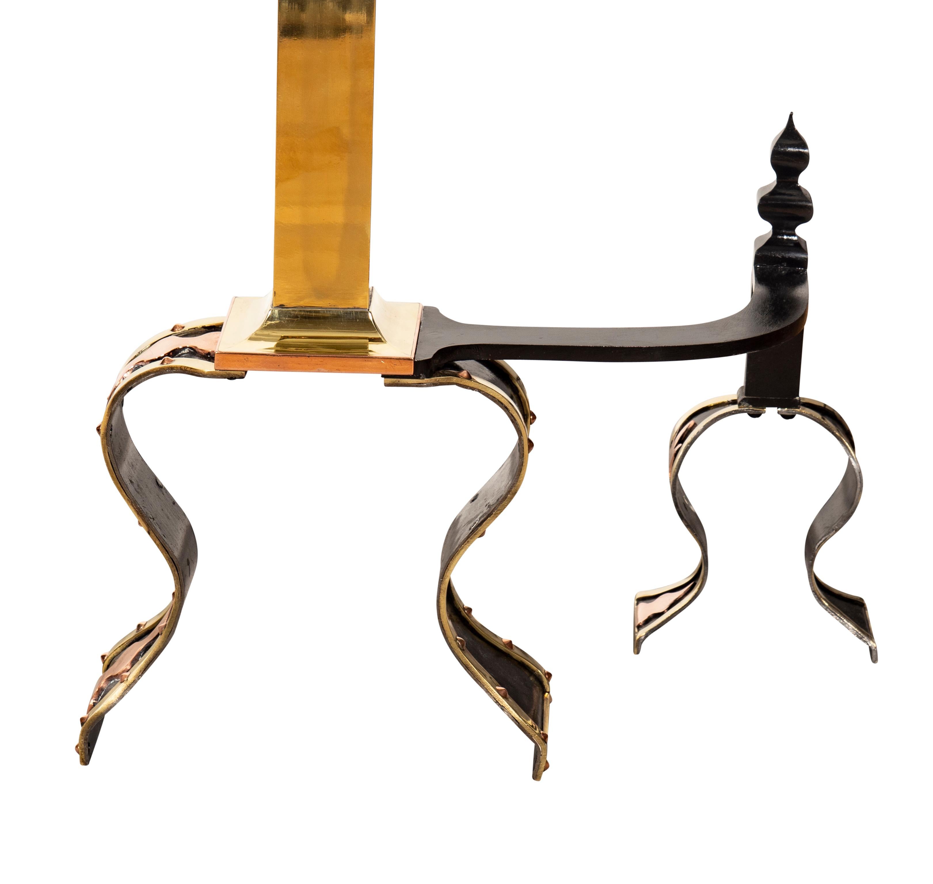 Pair of Arts & Crafts Brass, Iron and Copper Andirons In Good Condition For Sale In Essex, MA