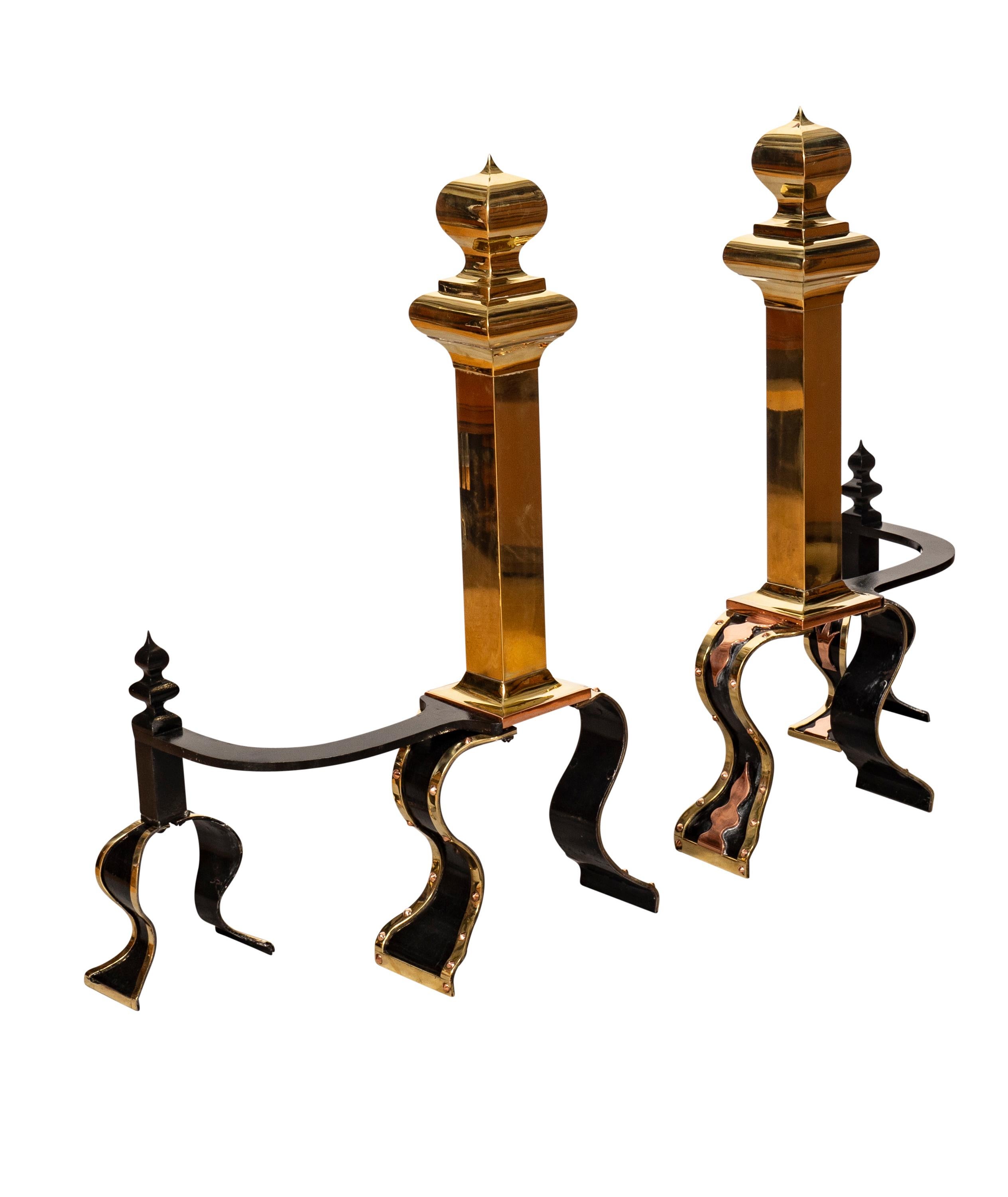 Early 20th Century Pair of Arts & Crafts Brass, Iron and Copper Andirons For Sale