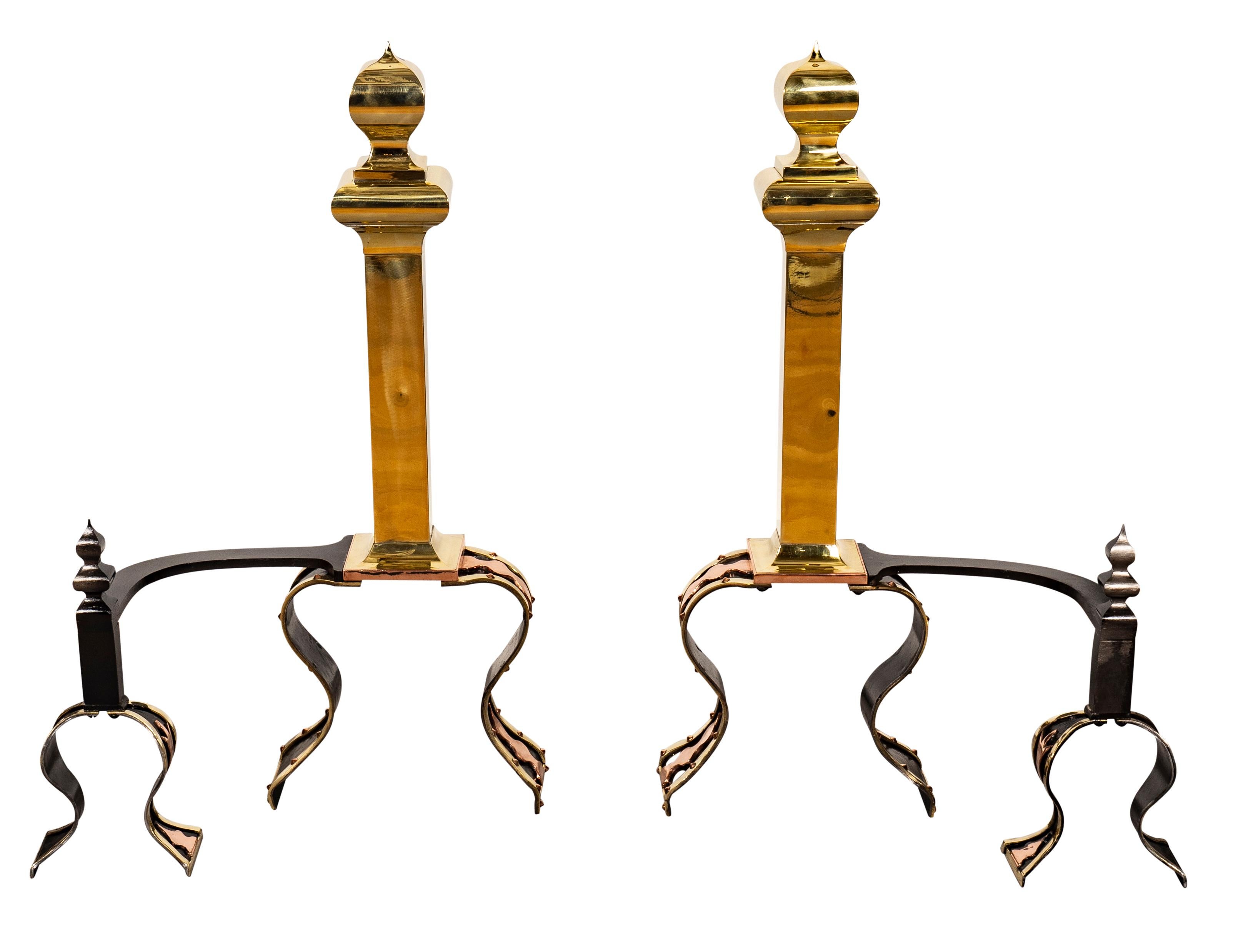 Pair of Arts & Crafts Brass, Iron and Copper Andirons For Sale 3